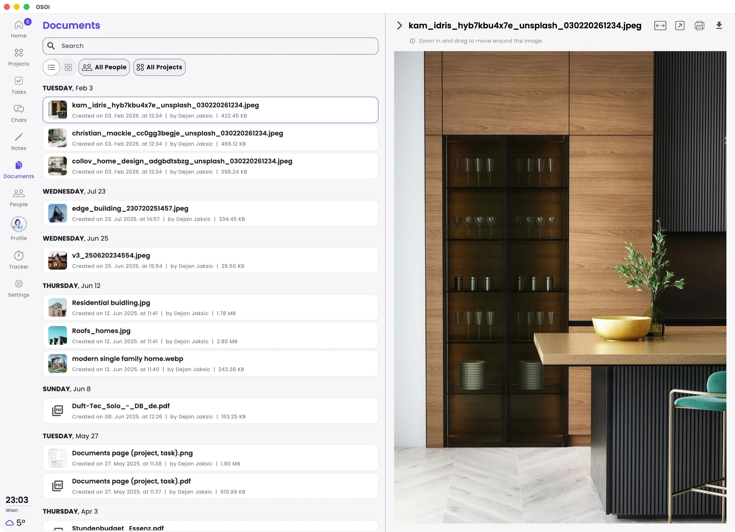OSOI 0.7.7 documents module showing centralized document search, filtering, and preview across projects and tasks